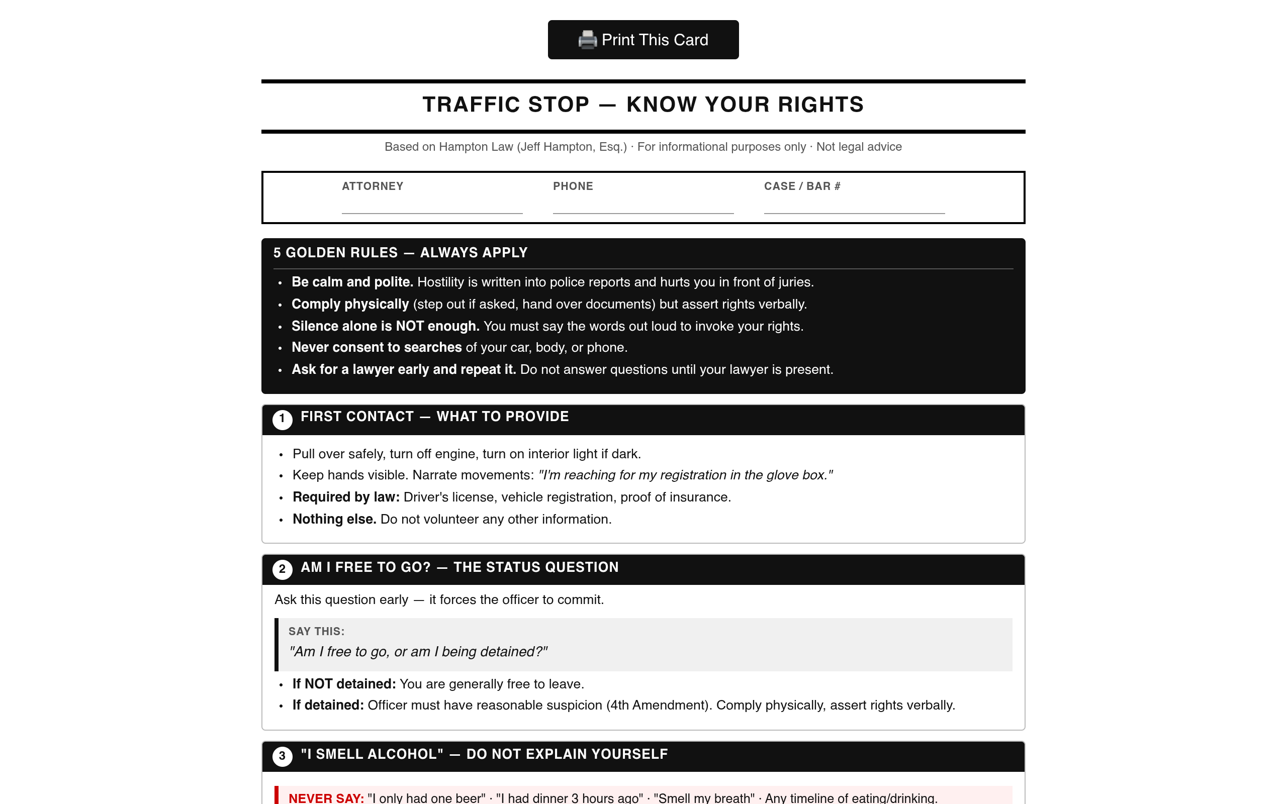 Traffic Stop Rights Reference Card